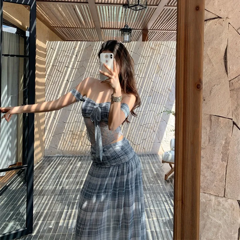

Sweet Sle Summer Outfit Sexy Faionable Set Vest Plaid Skirt Two Piece Ensemble Breathable Lightweight Polyester Fabric