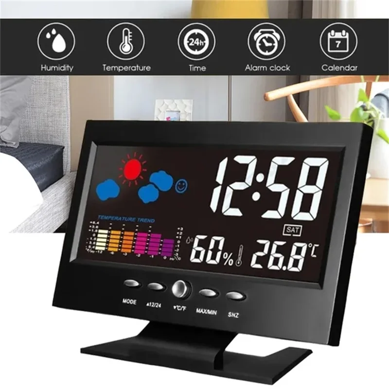 

LCD Screen Digital Backlight Snooze Alarm Clock Weather Forecast Station Temperature Humidity Date Display Clock Home Decor