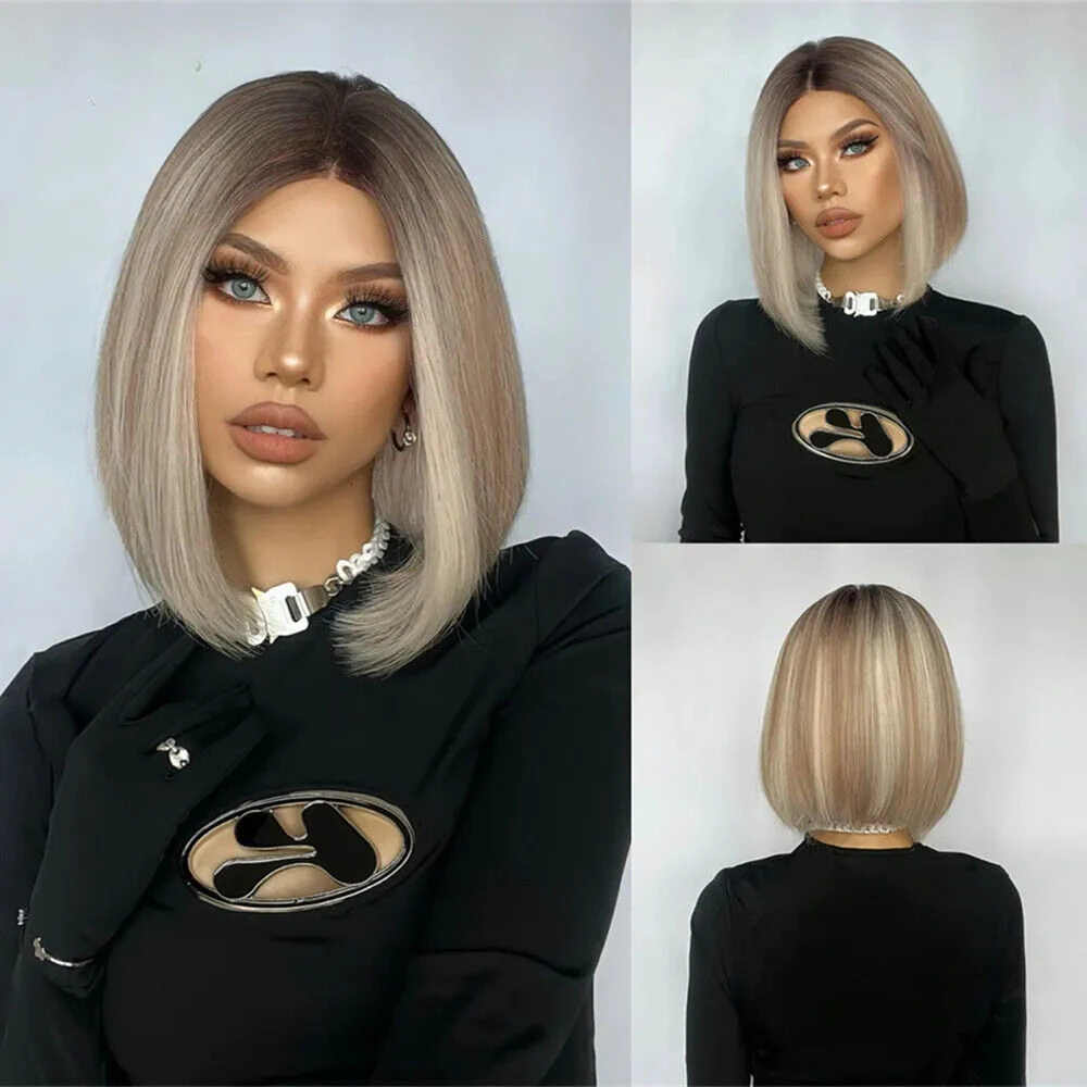 

Blonde Lace Front Short Synthetic Ombre Dark Roots Natural Wigs