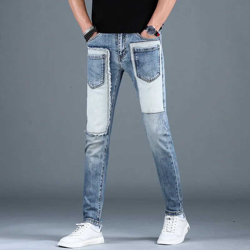 

2024New Patchwork Stitching Fashion Jeans Men's Slim Fit Ankle-Tied Trendy High-End Street Locomotive Style Casual Trousers