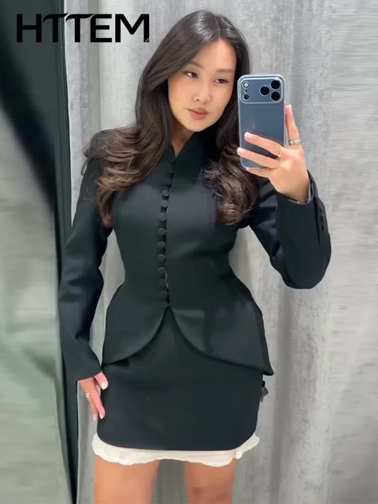 Elegant Slim Button Blazer Coat For Women Black Single-breasted V-neck Long Sleeve Female Coats 2026 Autumn Winter Lady Outwear
