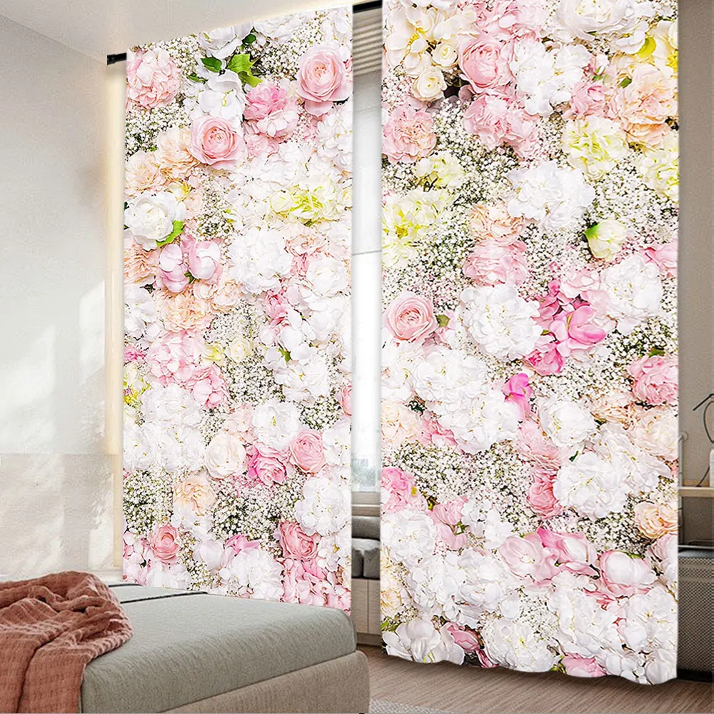 2Pcs Aesthetic Flower Theme Curtain Spring Pink And White Rose Floral Window Drapes For Wedding Party Decorations A