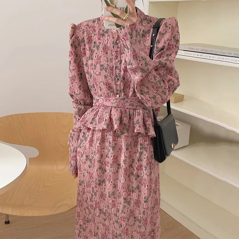 

Vestidos De Mujer Vintage French Robes Lace Collar Fold Floral Dress Korean Fashion Elegant New Dresses for Women 2024