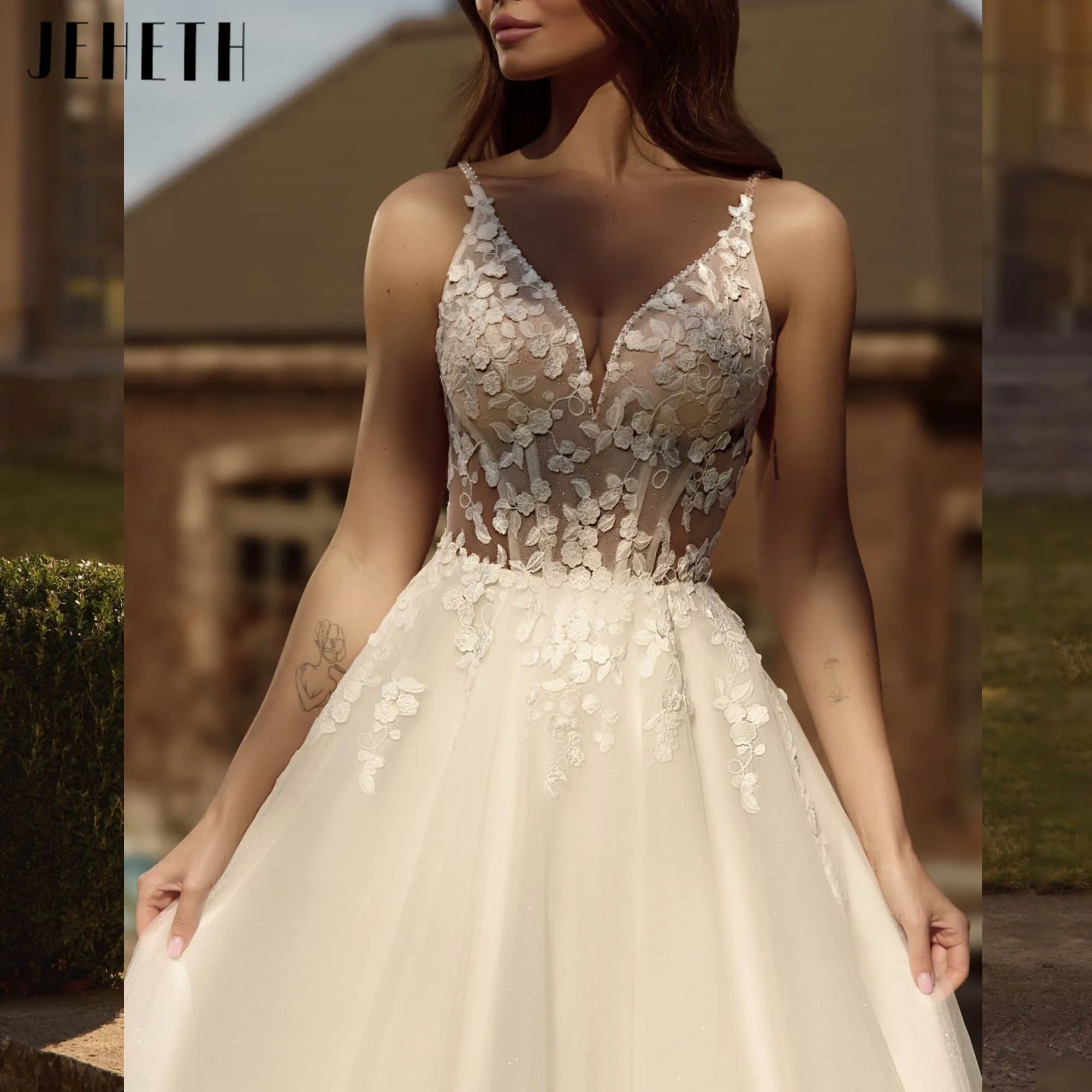JEHETH الرعوية يزين فستان الزفاف الخامس الرقبة السباغيتي الأشرطة زي العرائس الحديثة ألف خط عارية الذراعين vestidos de novia مخصص