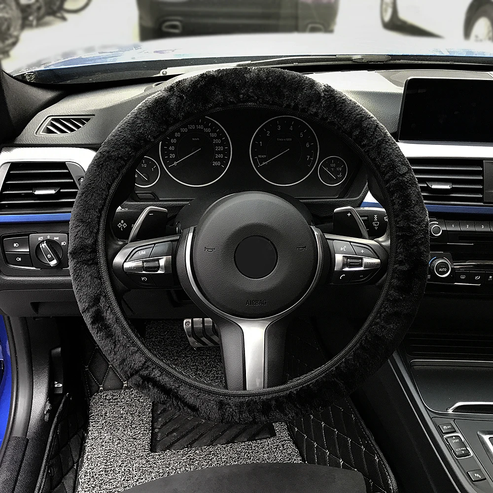 Premium weiche kurze Pelz Auto Lenkrad Abdeckung hochdichte warme Plüsch Winter Lenkrad Schutz Abdeckung 38 cm Zubehör – Detail 1