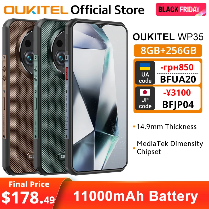 Oukitel WP35 5G Robustes Smartphone 2,4K Display MTK Abmessung 6100+ 11000mAh 8GB+256GB 64MP Rückfahrkamera Mobiltelefon Android 14