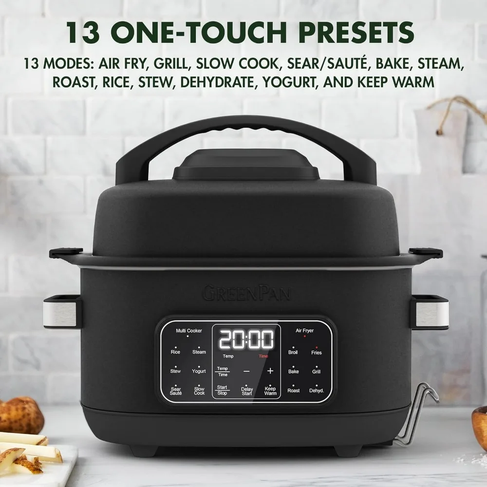 Matte Black 13-in-1 Air Fryer Slow Cooker & Grill, Presets to Steam Saute Broil Bake and Cook Rice, Healthy Ceramic Nonstick