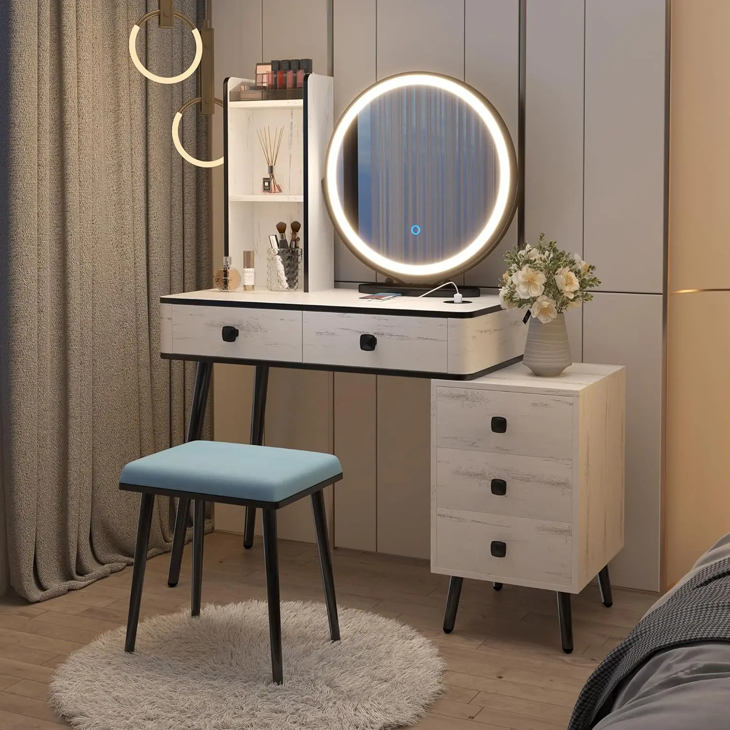 

LVSOMT Vanity Desk with 3-Color Lighted Mirror, Makeup Vanity Table with Lights & Charging Station, Vanity Set with 5 Drawers, D