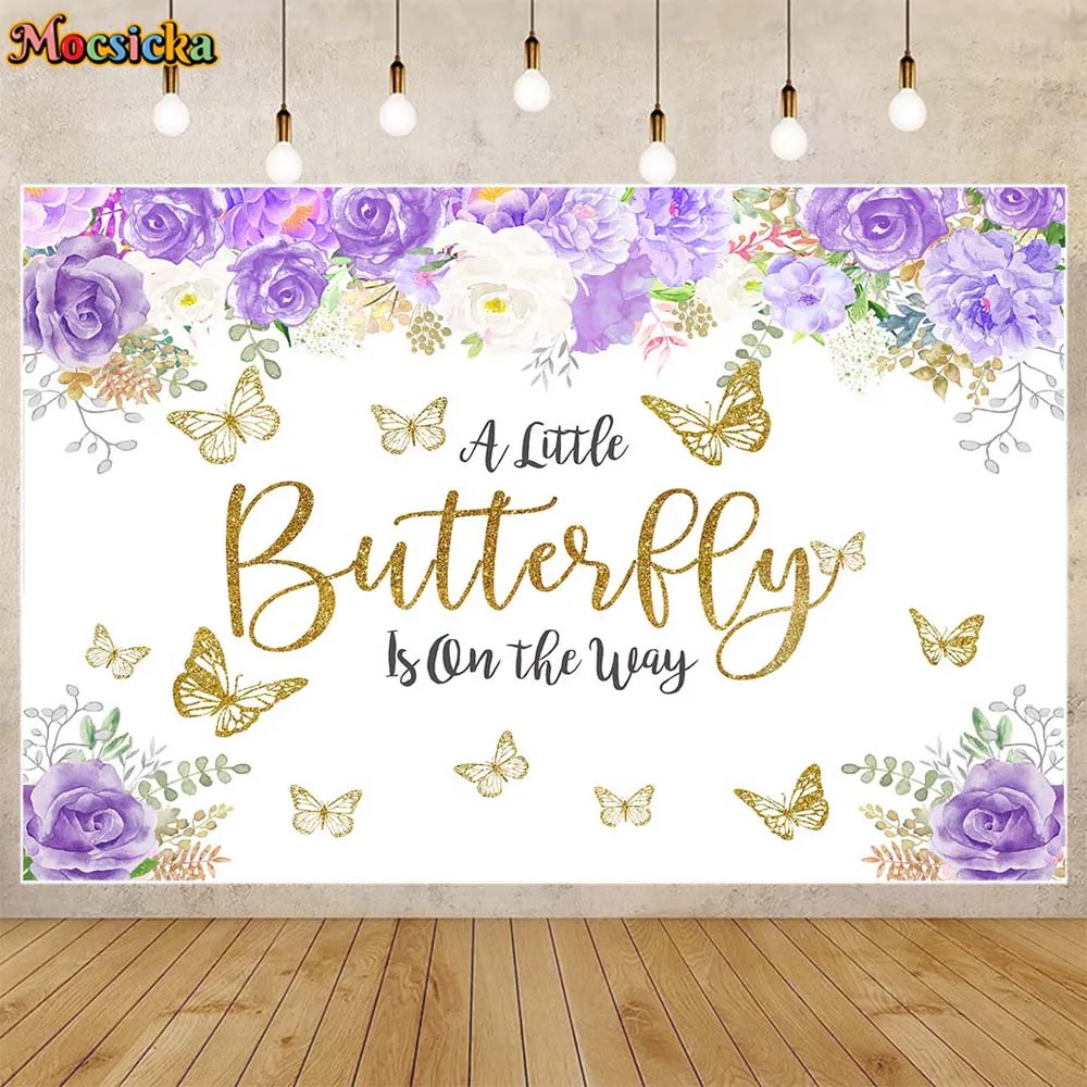 

Mocsicka A Little Butterfly Is On The Way Photo Background Purple Flower Baby Shower Backdrop Girl Welcome Party Decoration Prop