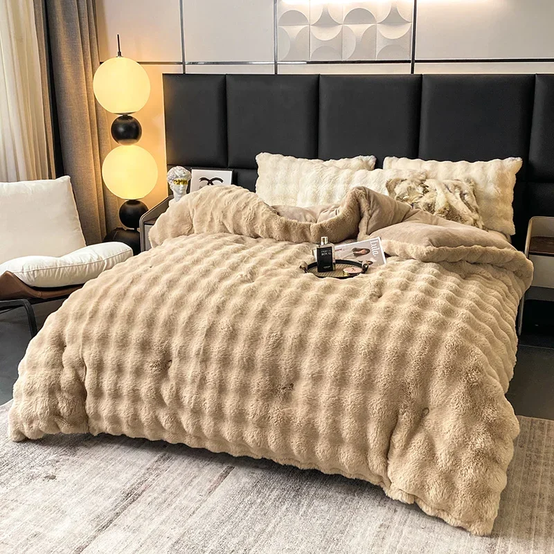 yesLuxury Faux Rabbit Fur Blanket for Winter Thickened Warm Double Layer Plush Blankets for Bed Fluffy Soft Warmth Quilt Comfort