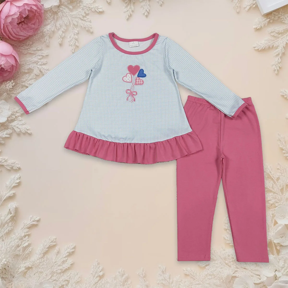 Toddler Baby Girl Long Sleeves Embroidery Bows Hearts Tunic Top Kids Set Stripe Pant Valentines Clothes Outfit Children Clothing