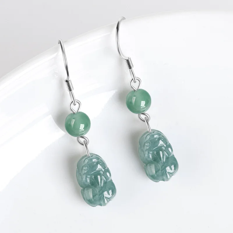 Blue Myanmar Jade Pixiu Earrings Luxury Gemstone Natural Jewelry 925 Silver Real Burmese Jadeite Energy Gifts for Women