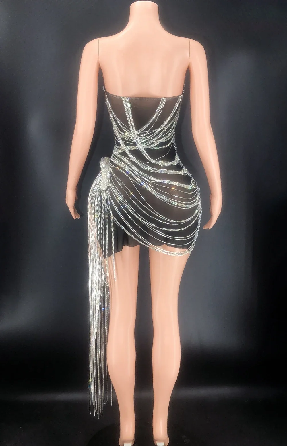 Vestido transparente de malla con flecos y diamantes de imitación brillantes para mujer, vestido de noche para celebración de cumpleaños, traje de graduación, ropa de escenario Sexy para espectáculo