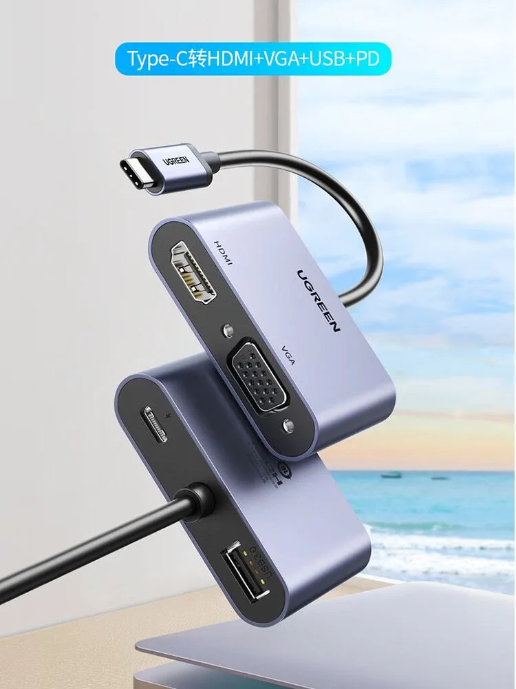 Многопортовый USB-хаб UGREEN Type-C с HDMI и VGA, адаптер для двух дисплеев 2-в-1, док-станция USB 3.0, видеоконвертер Многопортовый USB-хаб UGREEN Type-C с HDMI и VGA, адаптер для двух дисплеев 2-в-1, док-станция USB 3.0, видеоконвертер
