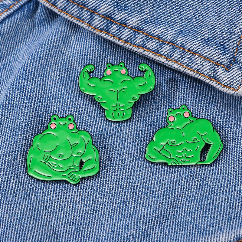 Green Funny Bodybuilding Frog Collection Enamel Brooches Lapel Pins For Backpack Jacket