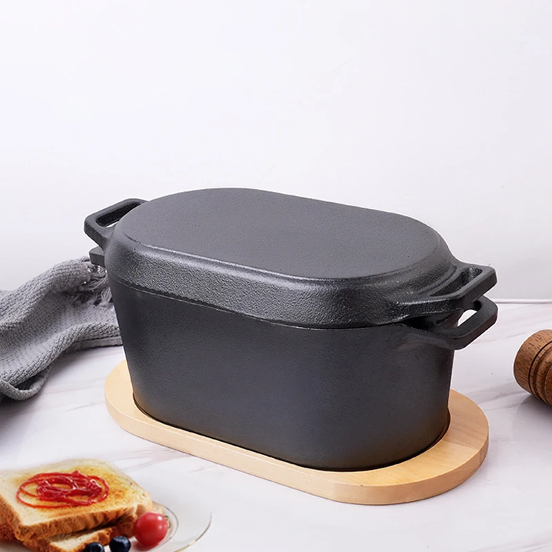 

Wholesale Oven Safe 2 in 1 Bread Toast Baking Mould Uncoated Cast Iron Pot Cookware Rectangular Dutch Oven Pots