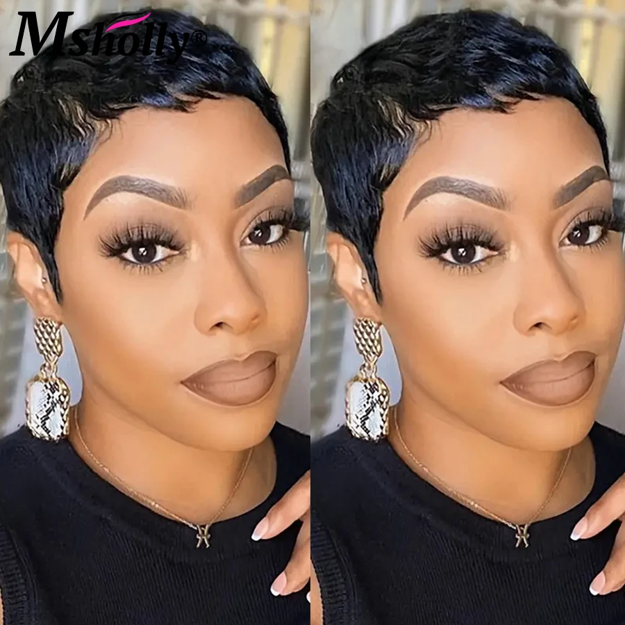 Water Wave Wigs Short Pixie Cut Human Hair Wig Full Machine Made Wig With Bangs Short Bob Cut Wig Preplucked Brazilian Hair Wigs