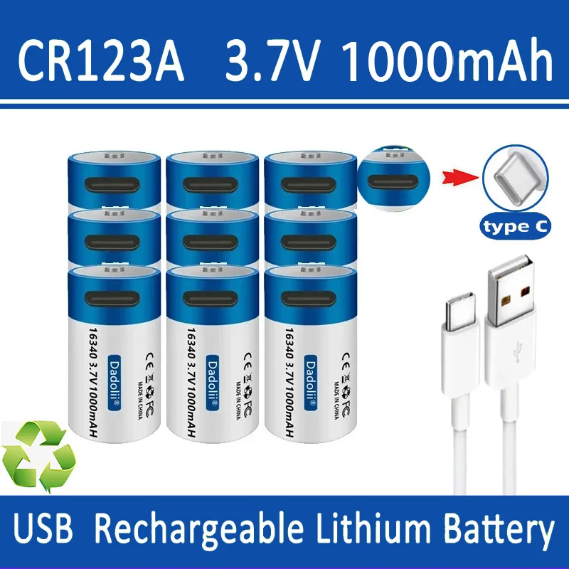 USB Type-C Lithium battery Cr123A 3.7V large capacity 1000mah USB-C fast charging 16340 Cr123A rechargeable lithium-ion USB
