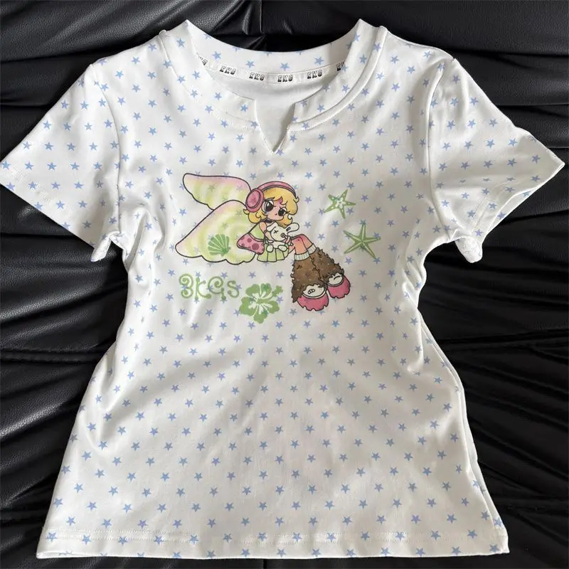 Cute Angel Wings Bunny Print Starry Tee - Notched V-Neck Pastel Blue Kawaii Casual Top for Y2K Fashion Lovers Sweet Young Women