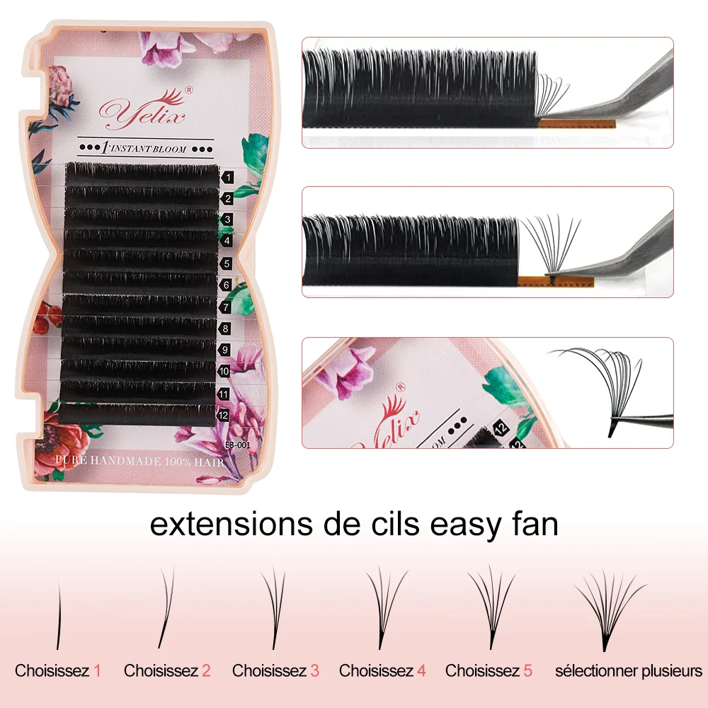 Yelix easy fan lashes,extensions de cils volume russe,L curl easy bloom,extensions cils M/LU curl ,faux cils individuel en Faux vison,cil en soie naturel,ventilateur cils,2d-6d,8-20mm,yelix easy fan