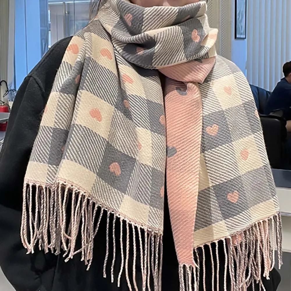 

Korean Style Acrylic Fibers Plaid Knitted Scarf Warmer Long Heart Thickened Scarf Tartans Printed Classic Tassel Shawl Autumn