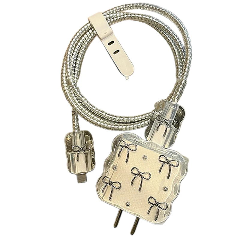 Cute 3D Clear Bowknot New USB Cable Protector Cover For Phone 18W-20W Data Line Bite Head Cord Fast Charging Case