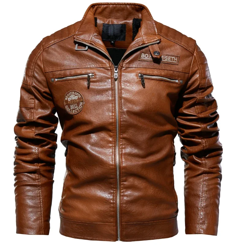 Men\'s Leather Jacket Men\'s Winter Fleece Men\'s Stand Collar Biker Casual Windproof Slim Fit Jacket Fleece Leather Jacket