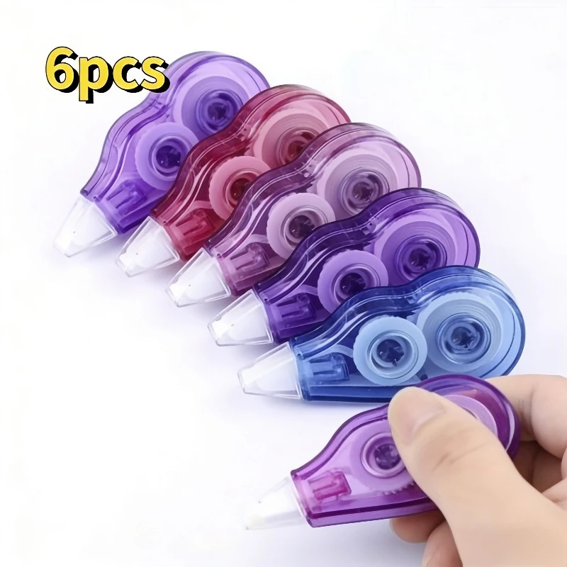 6-Piece Set of Random Color Correction Tapes and Stationery Tape Set |   Colors Are Mixed Randomly, Compact Transparent Gear Design, Smooth Dry Tape.