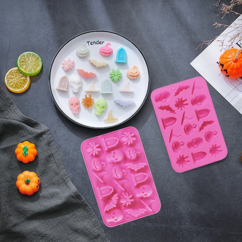 Halloween DIY Chocolate Candy Baking Mold Scary Silicone Spider Ghost Tomb Pumpkin Bat Skull Witch Hats Shape Designed Pink Mold