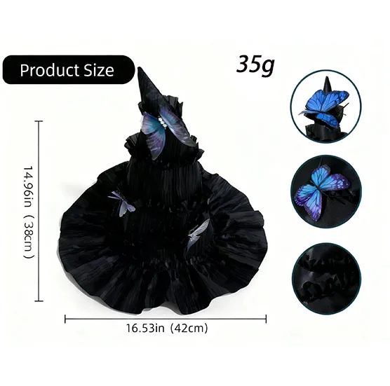 Versatile black witch hat with blue butterfly embellishment, multi-layered pleated witch hat, suitable for Halloween, costume pa
