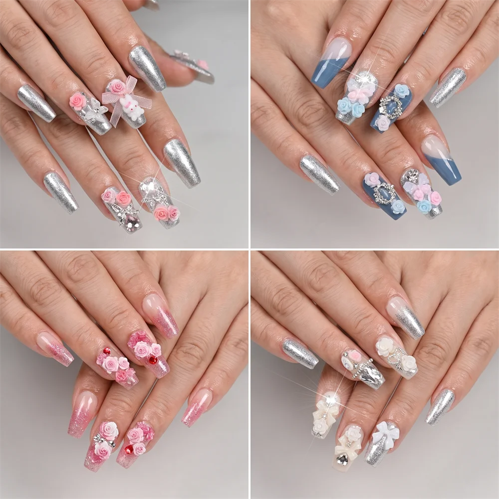 96Pcs Mixed Styles Press On False Nails Sweet Pink Glitter Long Ballerina Floral Bow Bunny Fake Nails Wearable Reusable Nail Tip