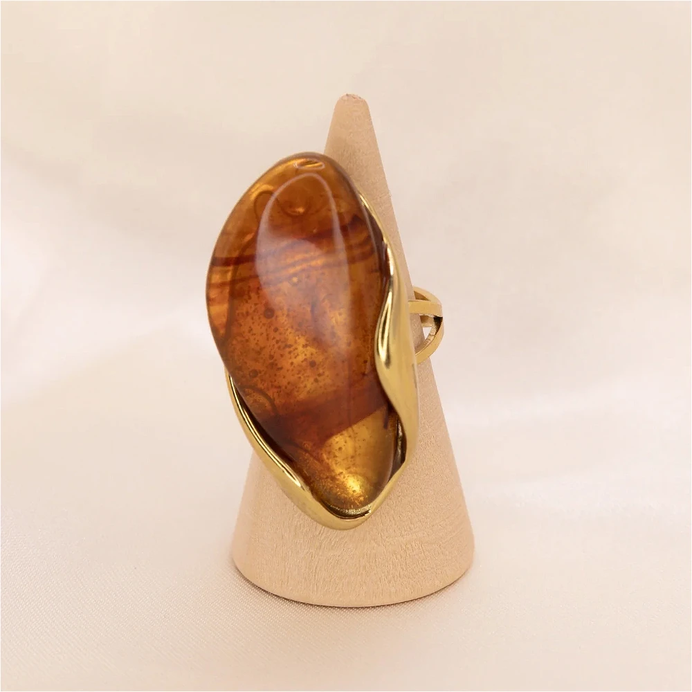 غير النظامية حجر الكهرمان بيان الفولاذ المقاوم للصدأ خواتم للنساء مطلية بالذهب خمر قابل للتعديل فريد هندسية مجوهرات من مادة الراتنج