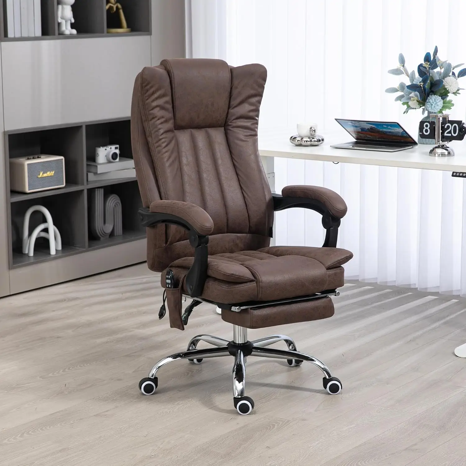 Microfiber Office Chair, High Back Computer Chair with 6 Point Massage, Heat, Adjustable Height and Retractable Footrest