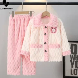 New 2023 Kids Autumn Winter Soft Flannel Pajamas Clothing Sets Boys Girls Cartoon Rabbit Thicken Warm Lapel Pyjamas Sleepwear