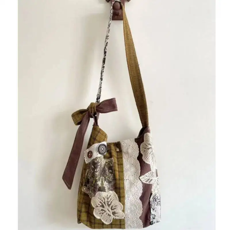 Bloom Vintage Lace Large Capacity Handbag Women Retro Patchwork Canvas Casual Shoulder Ladies Versatile Y2k Bags Сумка