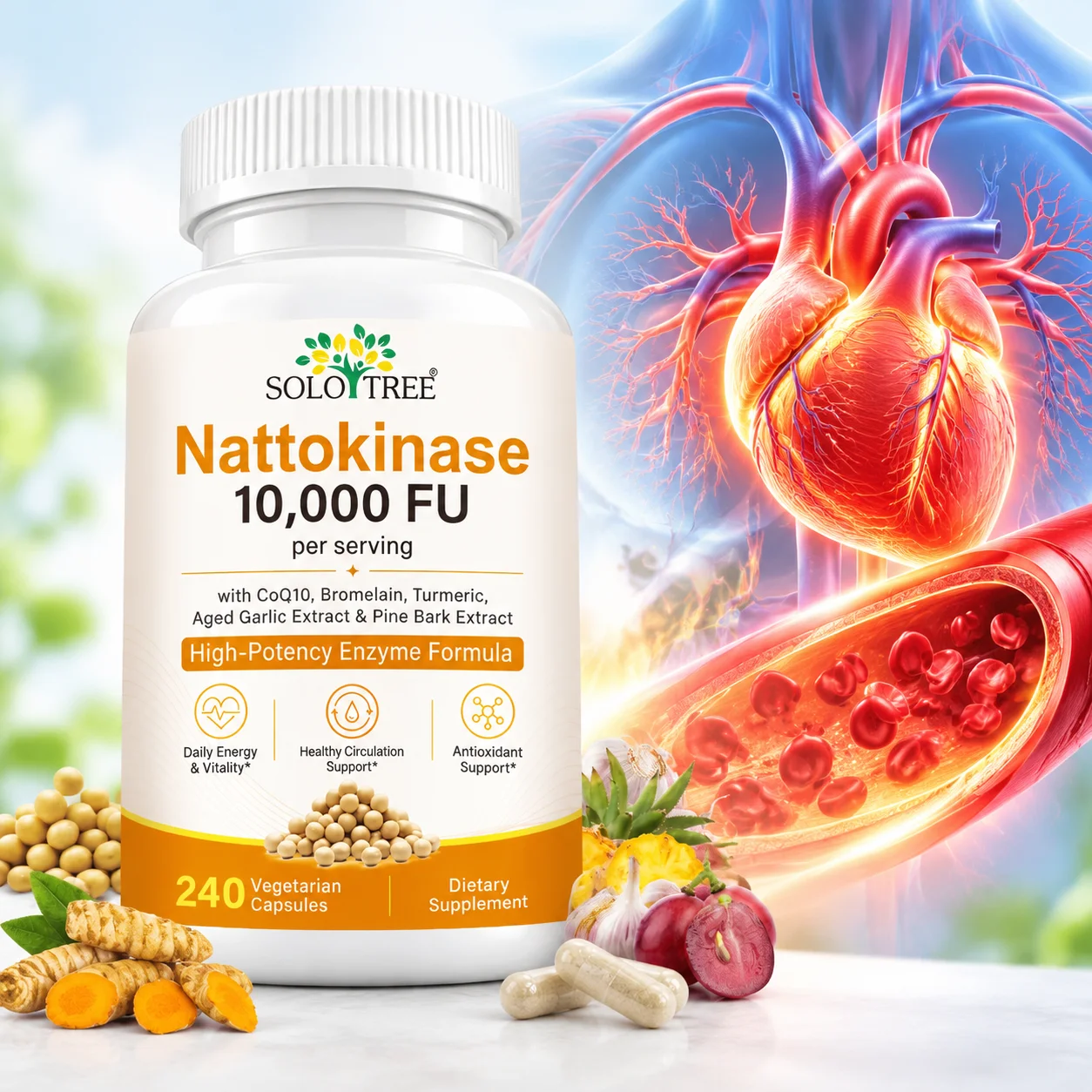 Nattokinase Capsules for Healthy Blood Flow & Cardiovascular Wellness,10,000 FU High-Activity Nattokinase & CoQ10,240 Capsules
