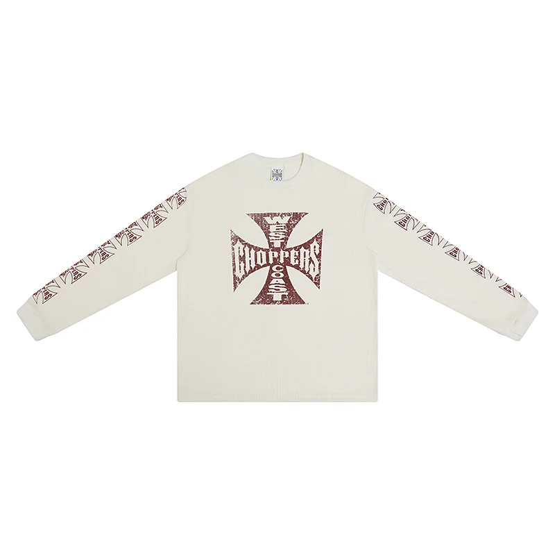 

New Autumn Waffle Sanskrit West Coast Choppers Long-sleeved Shirt Men Women Apricot-colored Round Neck West Coast T-shirts