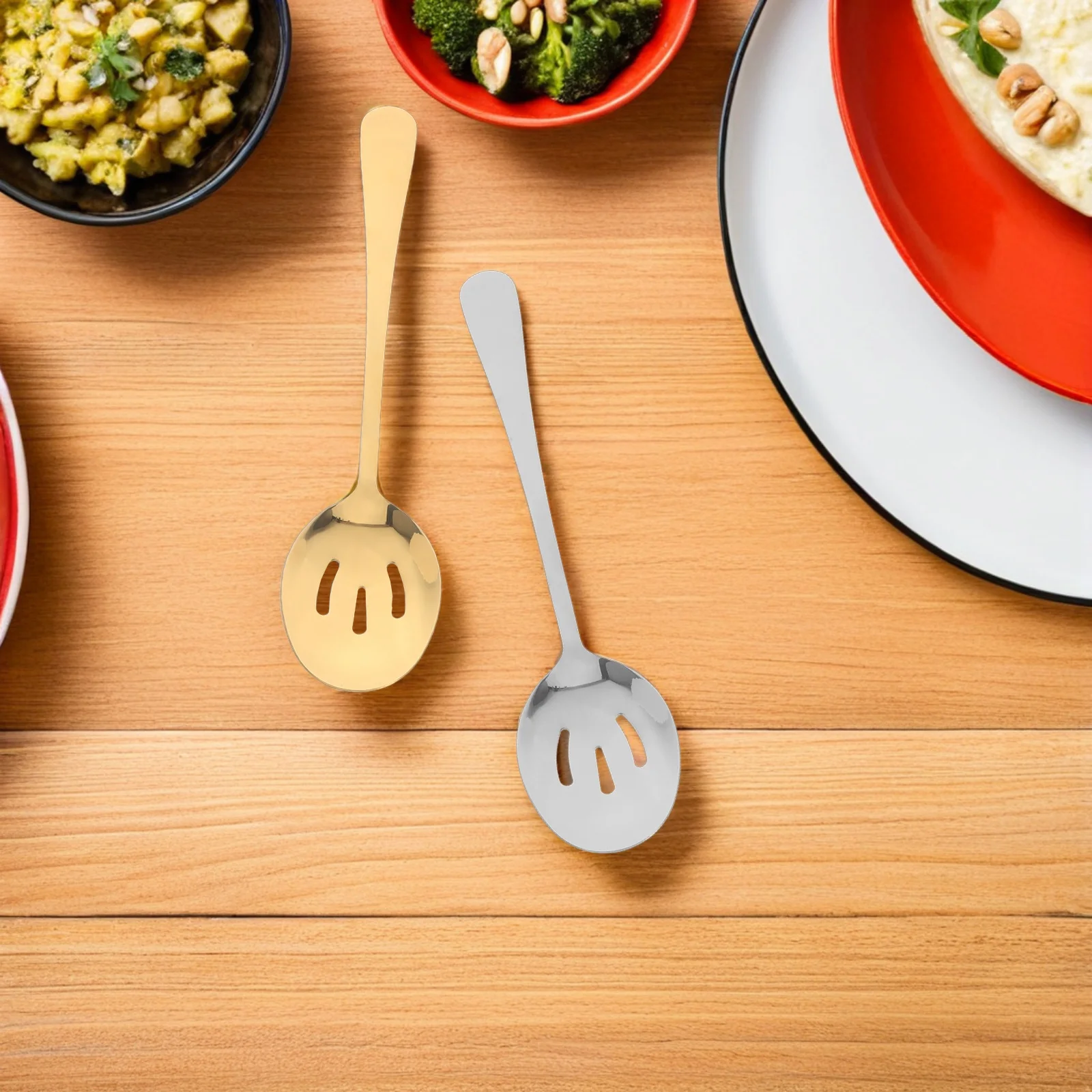 

2pcs Long Handle Serving Tool: Stainless Steel Slotted Ladle For Buffet Cooking Draining Food Separation Kitchen Utensils