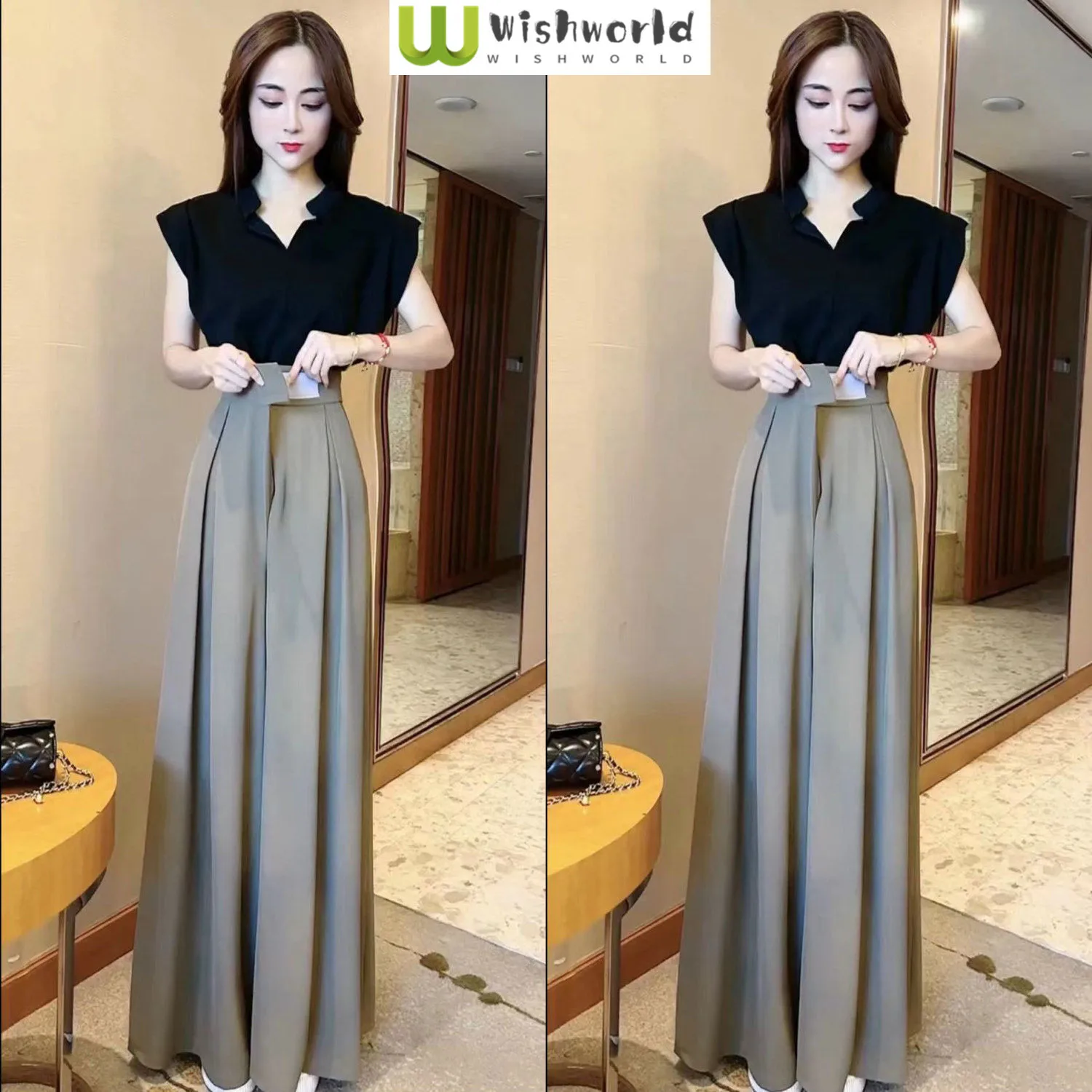 

Spring/Summer New Celebrity Style Style Stand Up Neck Flying Sleeves Top Wide Leg Pants Long Pants Two Piece Set