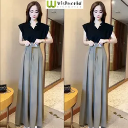 Spring/Summer New Celebrity Style Style Stand Up Neck Flying Sleeves Top Wide Leg Pants Long Pants Two Piece Set