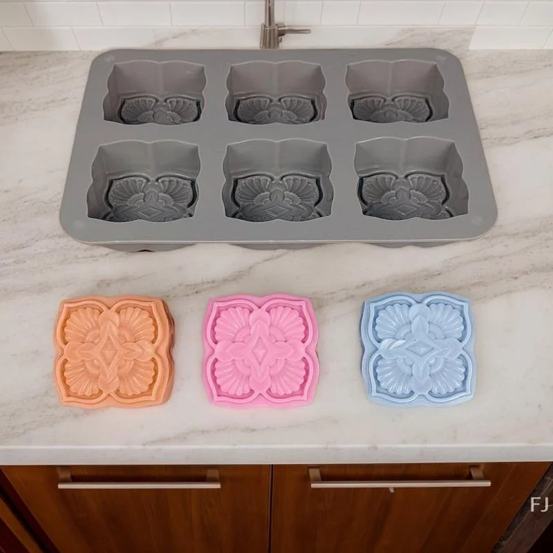 [YU]6-Cavity Vintage Floral Silicone Soap Mold - European Style Square Craft Mold For DIY Handmade Soaps Candle Making