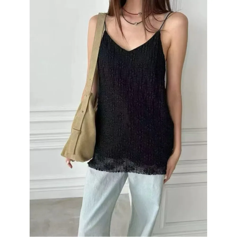 Heavyweight 3D Flower V-Neck Crossbody Top Women's Summer Outerwear Mid-Length Sleeveless Vest Durable Fabric Floral Pattern