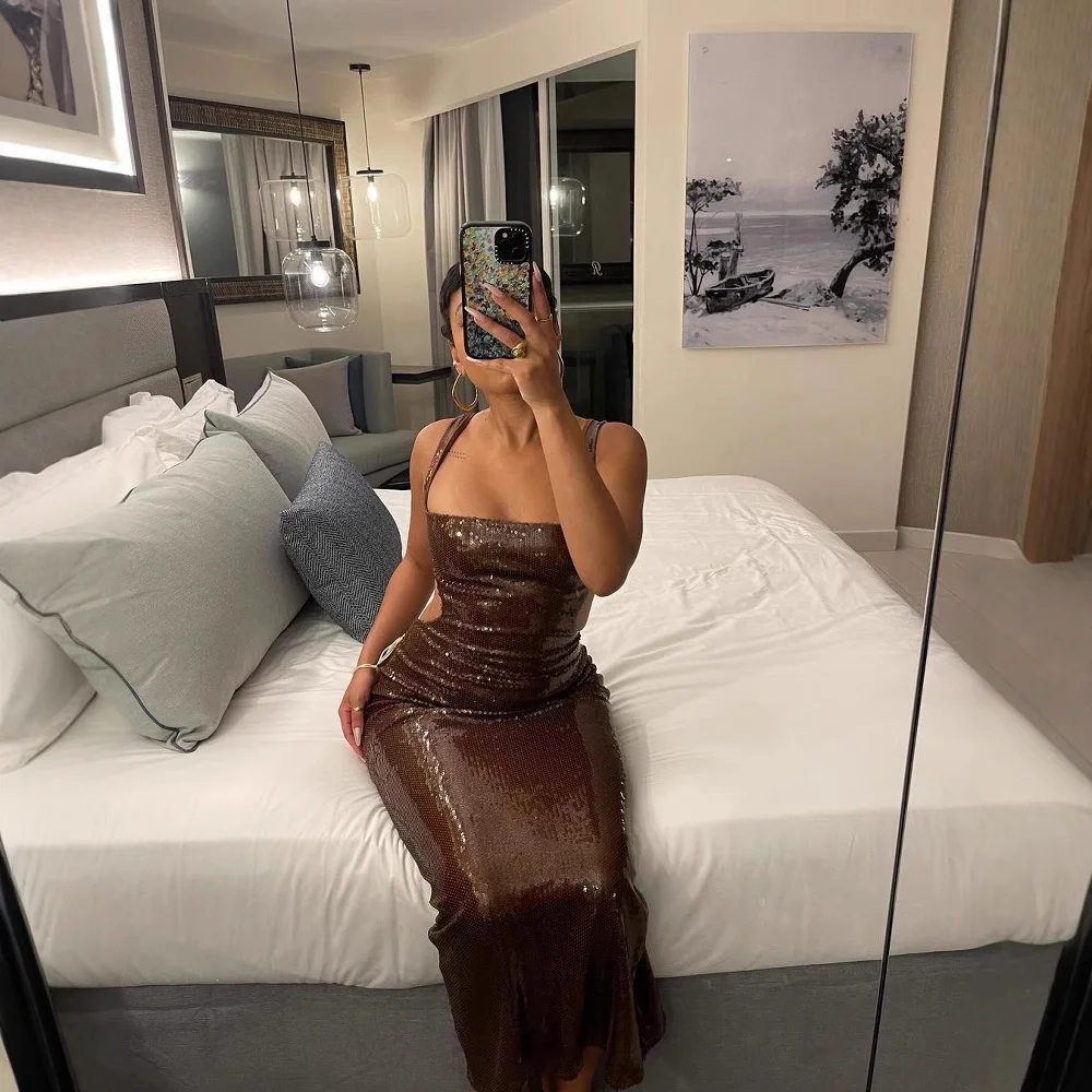 Vestido largo con espalda descubierta y lentejuelas brillantes para mujer, vestido ajustado sin mangas con tirantes de cintura alta, vestido de fiesta de noche para mujer