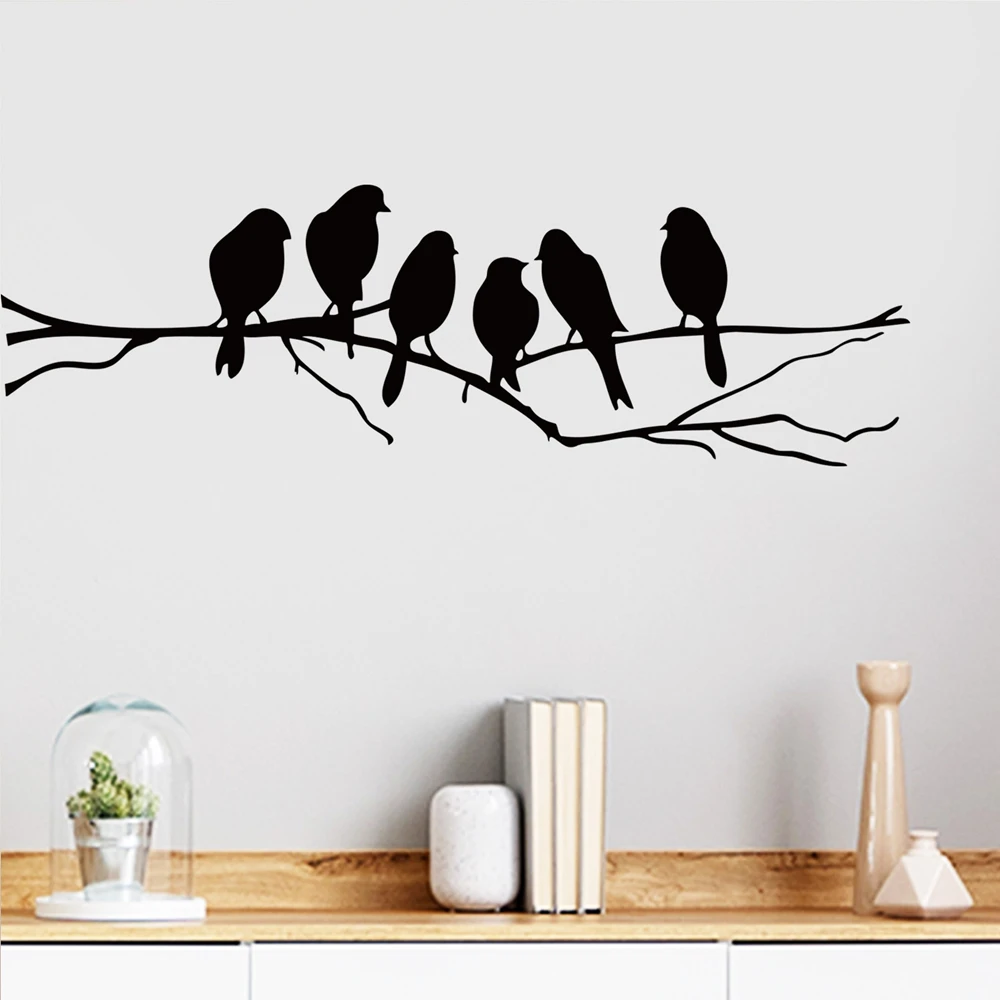 Six Birds on Tree Branch Wall Stickers, Removable Vinyl Black Silhouette Decals, Home Art Mural for Living Room Bedroom Decor