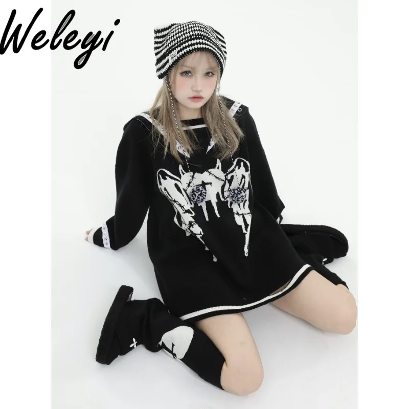 

Kawaii Women's Y2K Sweater 2025 Autumn and Winter Streetwear Fashion Versatile New Sailor Navy Collar Long Sleeve Loose Sweaters