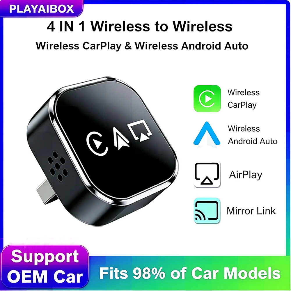 Adaptador Inalámbrico 4 en 1 para Carplay, Android Auto, Airplay y Mirror Link 2026, WiFi, Bluetooth, USB, Plug and Play, Dongle de Cableado a Inalámbrico