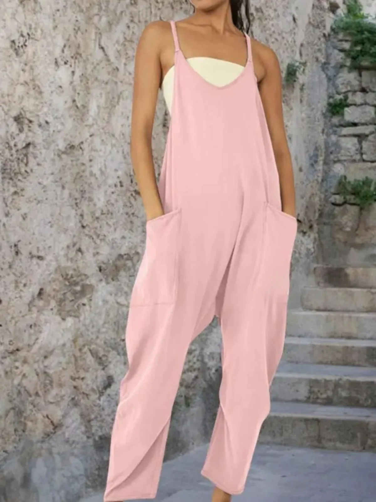 

Свободный комбинезон с круглым вырезом для женщин, уличный стиль, с высокой талией, из других материалов, повседневный, удобный