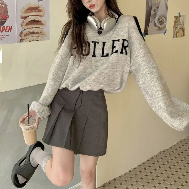 American Off Shoulder Letter Sweatshirts Women\'s Clothing Casual Long Sleeve Spring Autumn O-Neck Stylish Drawstring Pullovers