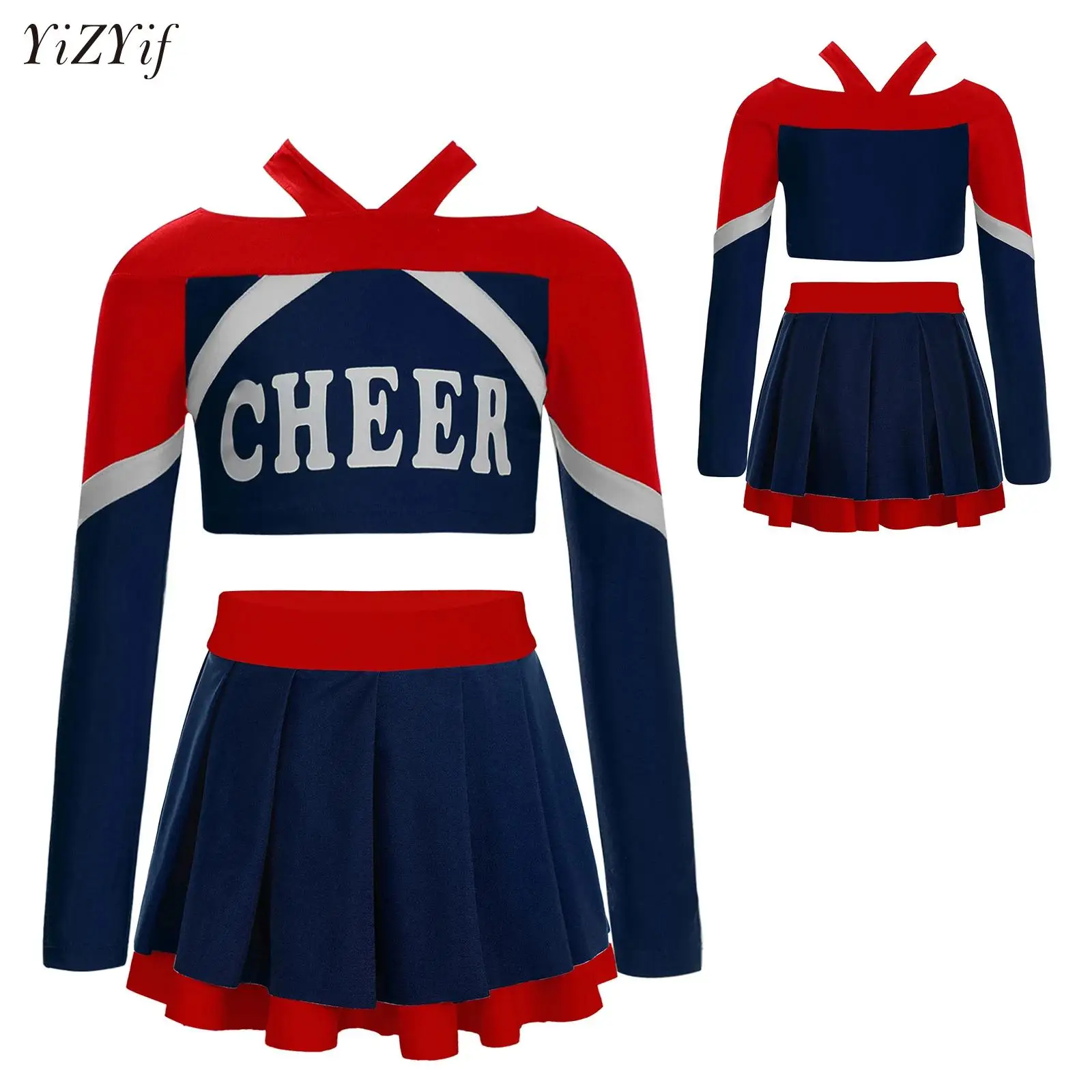 

Big Girls Cheer Leader Costumes Cheer Leading Uniforms Long Sleeves Crop Top Pleated A-Line Mini Skirt Performance Dance Dress