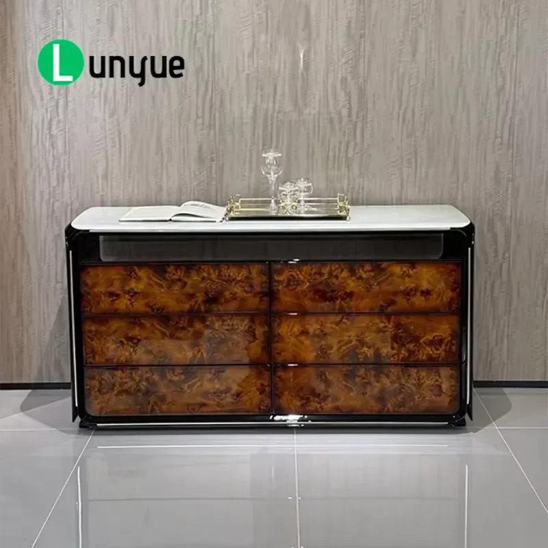 Modern Luxury Dining Table with Natural Wood Veneer and Marble Top Wooden Cabinet with Drawers for Elegant Dining Room